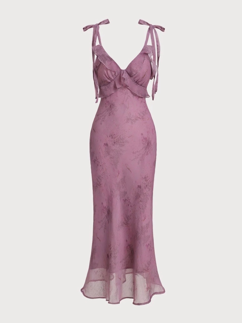 RIHOAS Purple Floral Ruffle Tie Strap Midi Dress